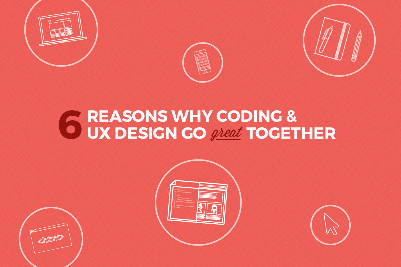 red graphic with title "6 reasons why coding & UX design go great together"